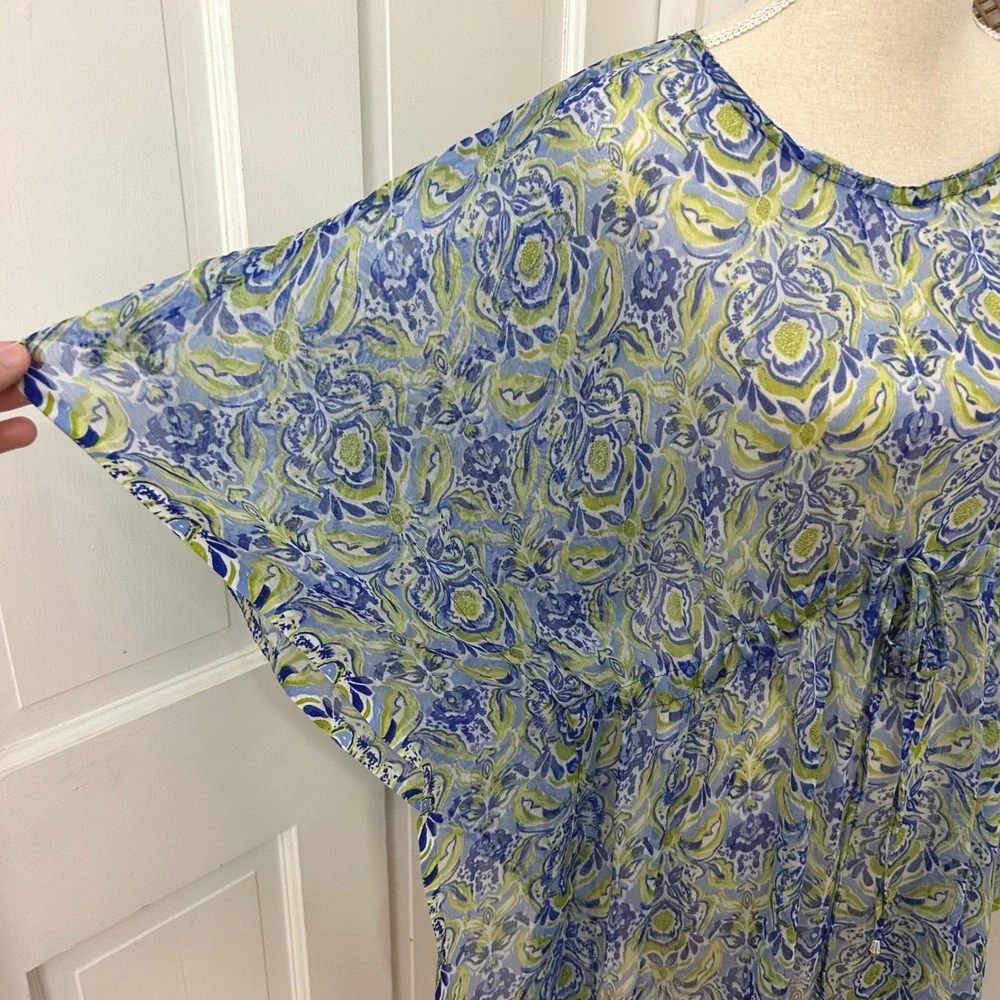 Sunflower Kaftan Swim Coverup Women Free‎ Size Blue Green Sheer Resort Cruise